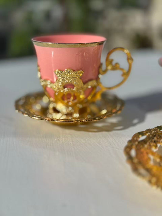 Luxury Arabic Style Tea Cup & Saucer Set – Ceramic Cup with Golden Metal Base